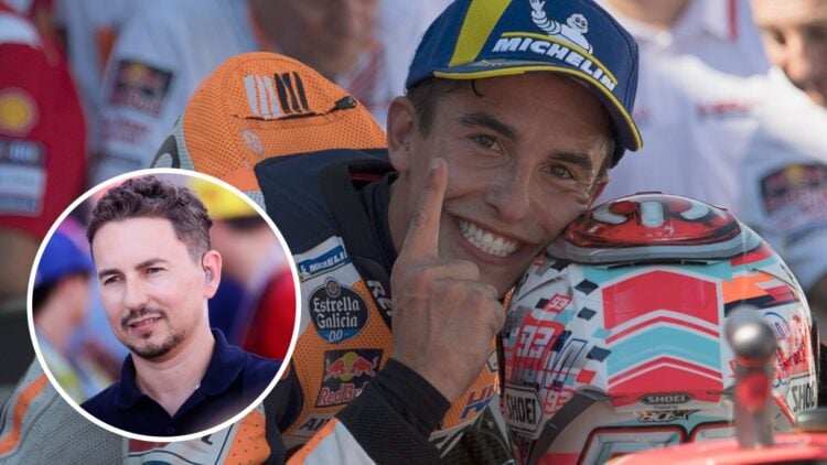 Marc Marquez celebrates winning the 2018 MotoGP Aragon Grand Prix for Honda with an inset of Jorge Lorenzo on the 2024 grid