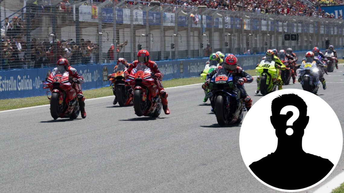 The MotoGP grid about to start the 2025 Spanish Grand Prix, inset Mystery rider
