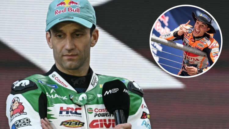 LCR rider Johann Zarco at the 2025 MotoGP team launch with an inset of Marc Marquez whilst a Honda rider