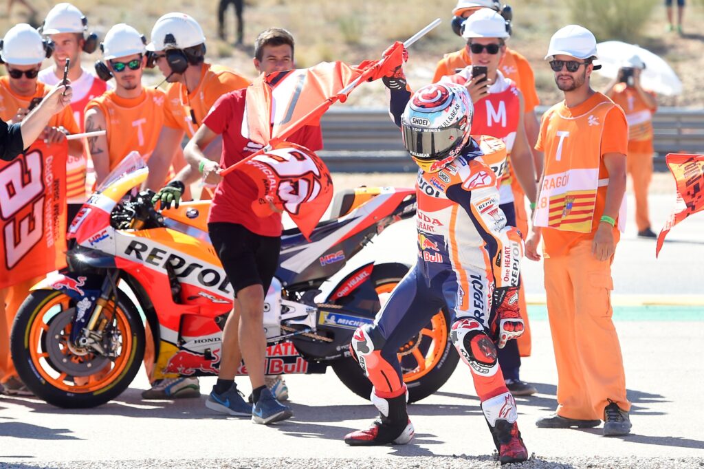 Marc Marquez takes victory in the MotoGP Aragon Grand Prix in 2018.