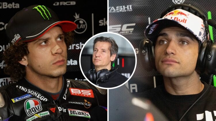 Aprilia riders Marco Bezzecchi and Jorge Martin in the garage during MotoGP practice in Qatar and America, with an inset of CEO Massimo Rivola at t...