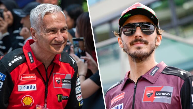 Ducati team manager Davide Tardozzi at the 2025 MotoGP season launch in Bangkok and rider Francesco Bagnaia in the paddock at the 2025 Italian Gran...