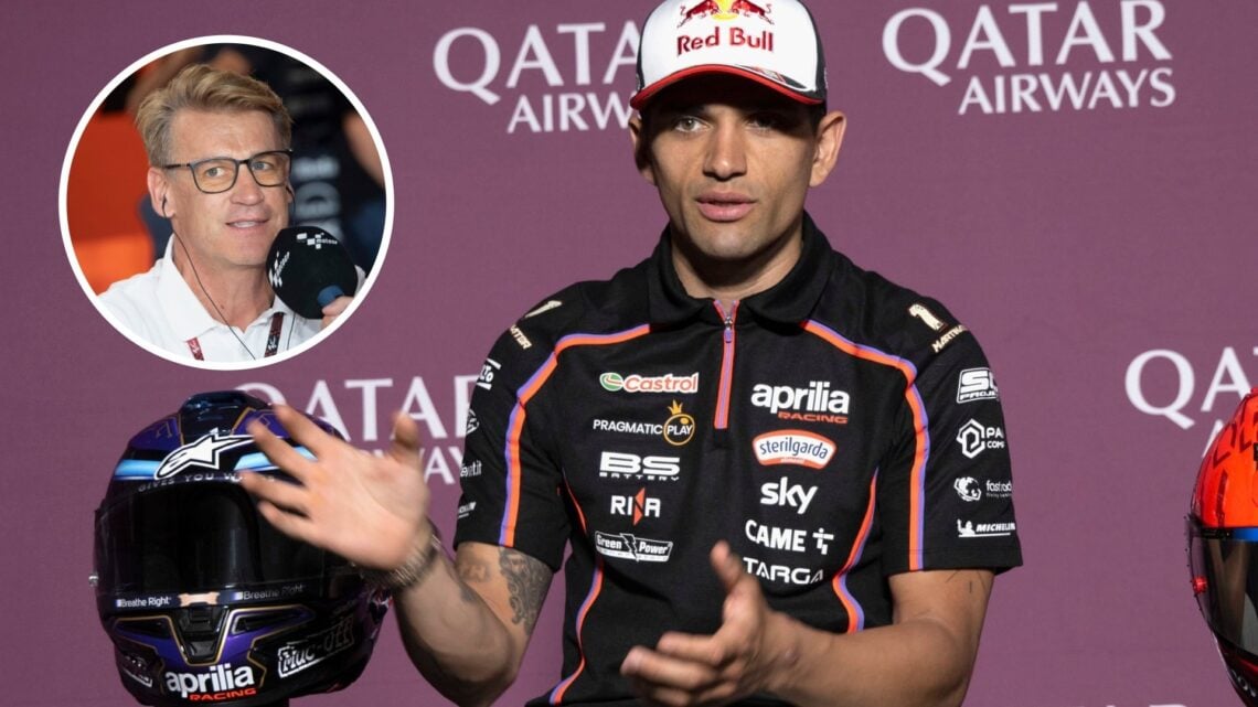 Jorge Martin of Aprilia speaks in a press conference; inset of KTM boss Pit Beirer