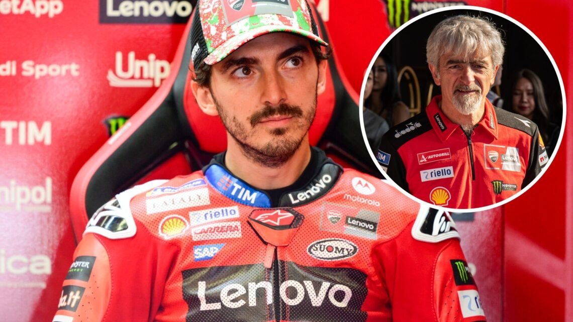 Ducati rider Francesco Bagnaia in the garage at the 2025 Italian Grand Prix, inset Luigi Dall'Igna
