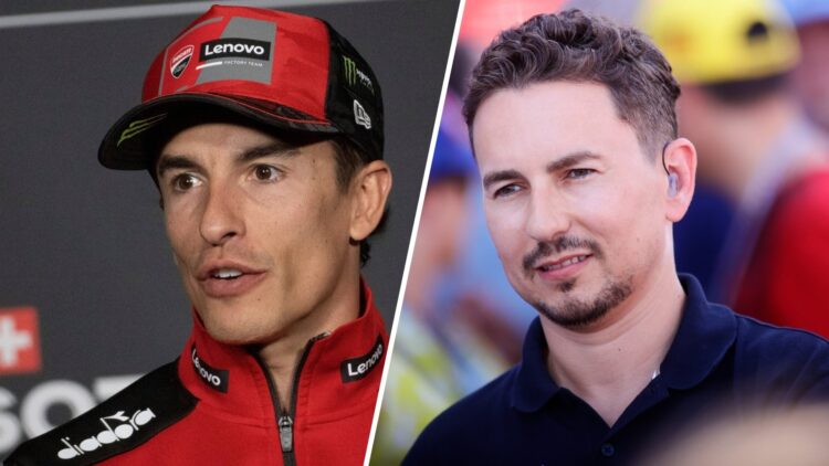 Split image of Ducati rider Marc Marquez (L) at the 2025 British Grand Prix and Jorge Lorenzo (R)