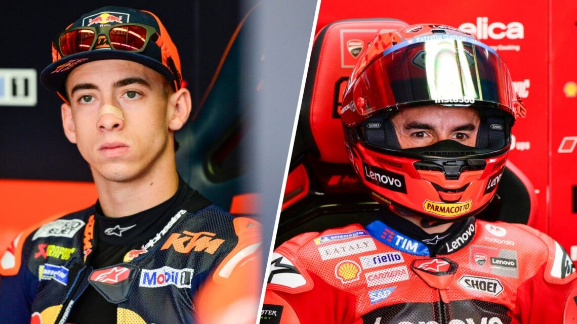 Pedro Acosta sits in the KTM MotoGP garage (L); Marc Marquez of Ducati looks on (R)