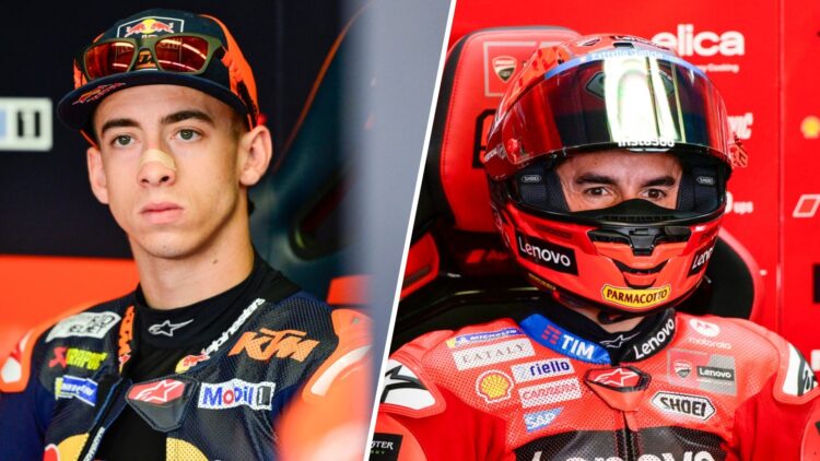 Pedro Acosta sits in the KTM MotoGP garage (L); Marc Marquez of Ducati looks on (R)