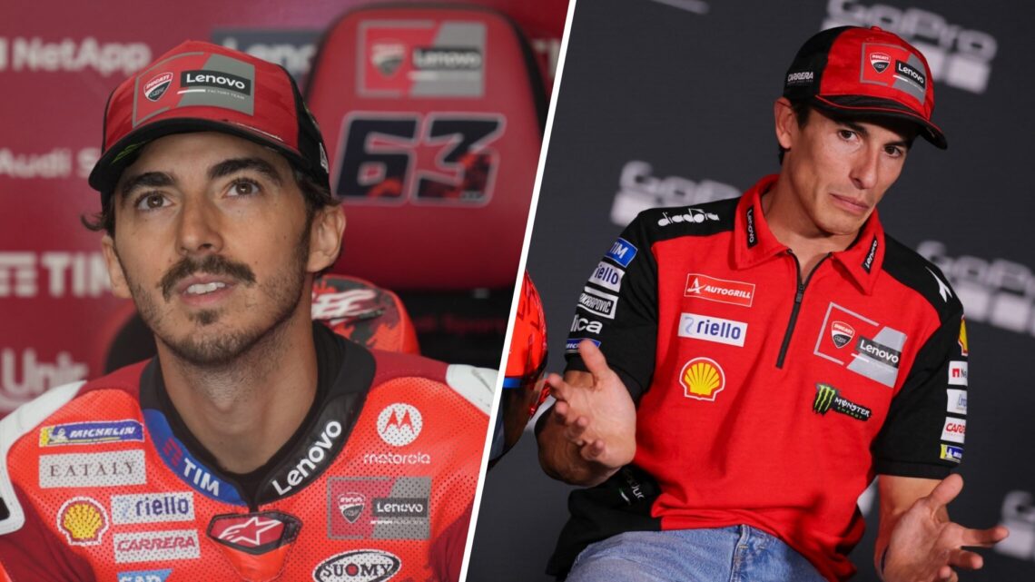 Francesco Bagnaia sits in the Ducati MotoGP garage (L); Marc Marquez of Ducati in a press conference