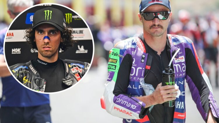 Pramac's Jack Miller in the Mugello pit lane during the 2025 MotoGP Italian Grand Prix with an inset of Yamaha rider Alex Rins in the garage during...
