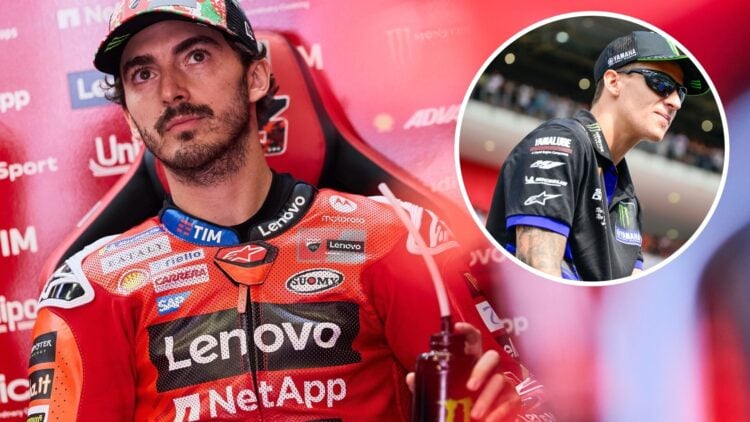 Ducati rider Francesco Bagnaia in the garage during practice for the 2025 MotoGP Italian Grand Prix with an inset of Yamaha rider Fabio Quartararo ...