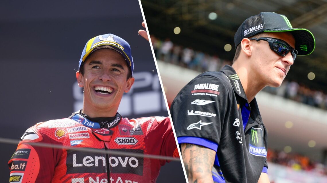Split image of Ducati rider Marc Marquez (L) at the 2025 Aragon Grand Prix and Fabio Quartararo (R)