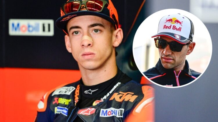KTM rider Pedro Acosta in the garage at the 2025 Italian Grand Prix, inset Aprilia rider Jorge Martin