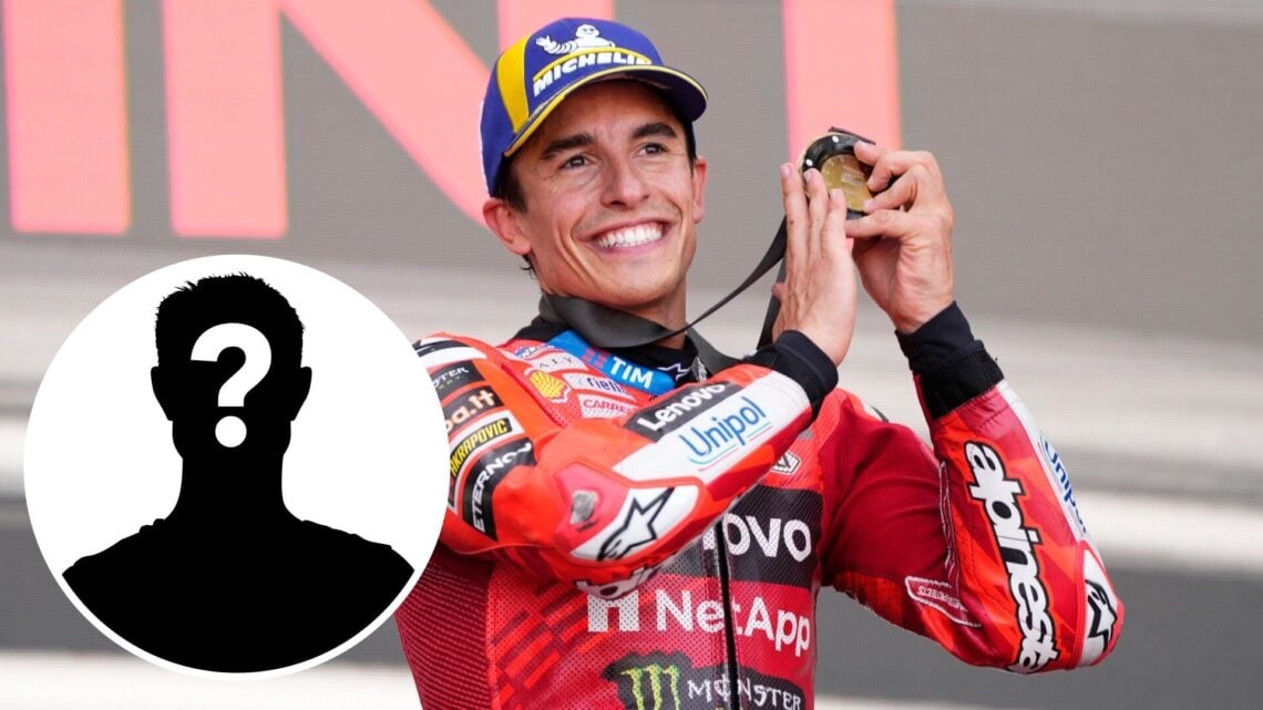 Marc Marquez celebrates winning the 2025 Grand Prix of Aragon sprint for Ducati, inset Mystery