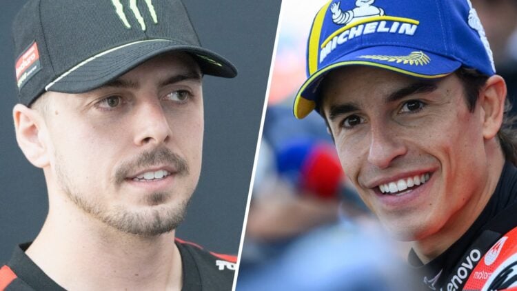 VR46 rider Fabio Di Giannantonio speaks to the media at the Spanish Grand Prix and Ducati rider Marc Marquez reacts after qualifying for the 2025 M...