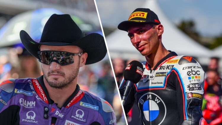Split image of Pramac rider Jack Miller on the MotoGP grid and WSBK champion Toprak Razgatlioglu in an interview