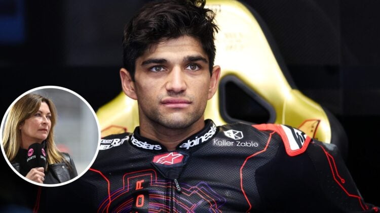 Jorge Martin sits in the Aprilia MotoGP garage; inset of Suzi Perry
