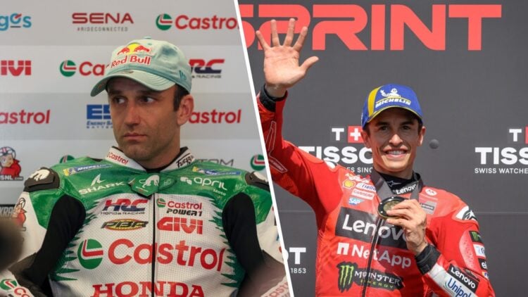 Split image of LCR Honda rider Johann Zarco (L) and Ducati rider Marc Marquez