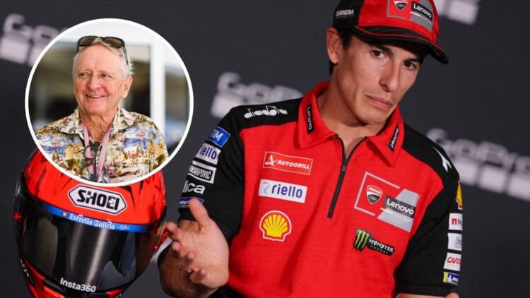 Ducati rider Marc Marquez in the pre-race press conference at the 2025 MotoGP Aragon Grand Prix with an inset of MotoGP icon Kevin Schwantz in the ...