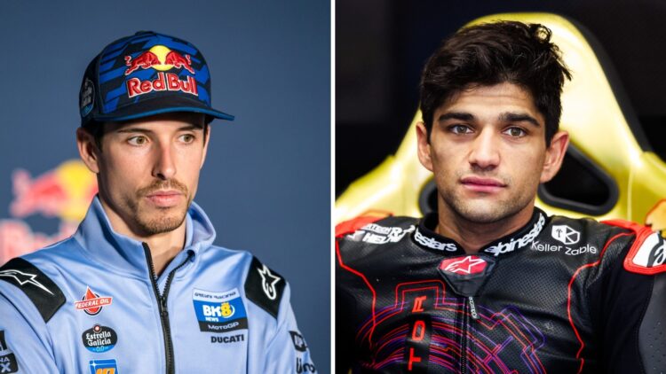 Alex Marquez of Gresini in a MotoGP press conference (L) and Jorge Martin of Aprilia in the garage (R)
