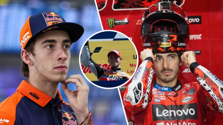 Pedro Acosta of KTM in an interview (L) and Francesco Bagnaia of Ducati sitting in the garage (R); inset of Casey Stoner