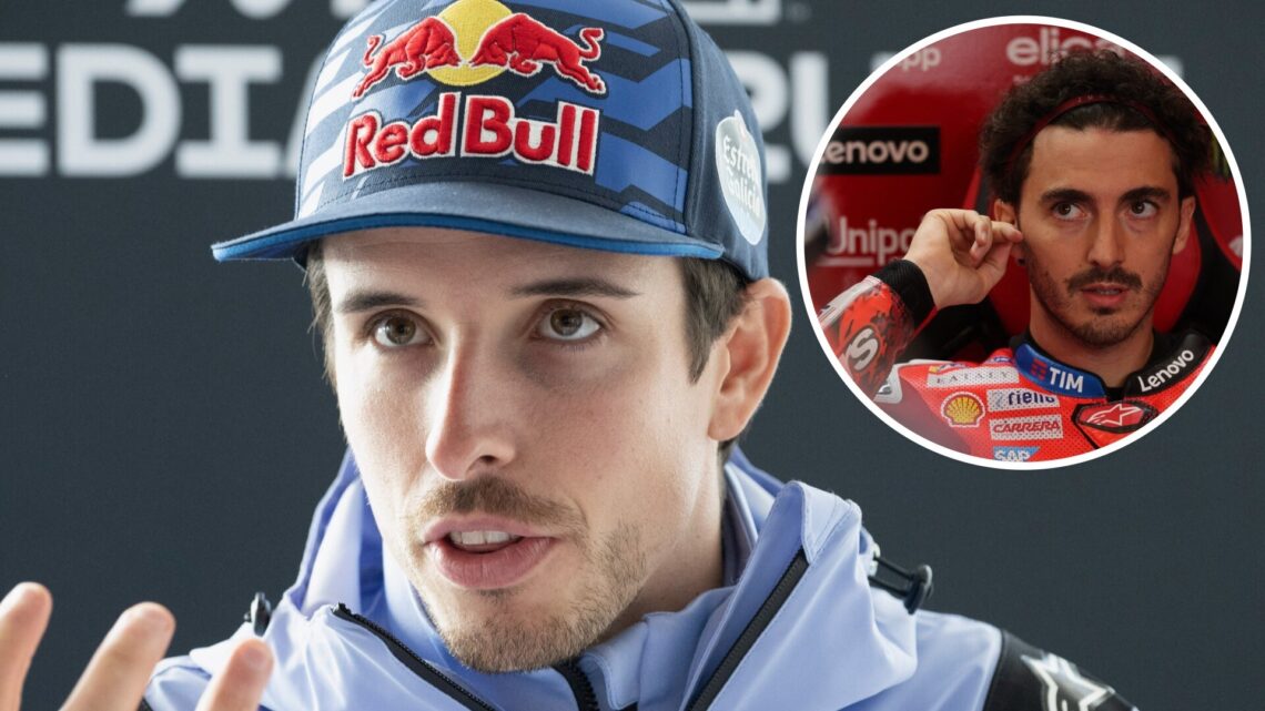 Gresini rider Alex Marquez speaking to the media at the 2025 British Grand Prix, inset Francesco Bagnaia