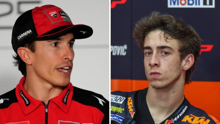 Marc Marquez of Ducati in a press conference (L) and Pedro Acosta in the KTM garage (R)