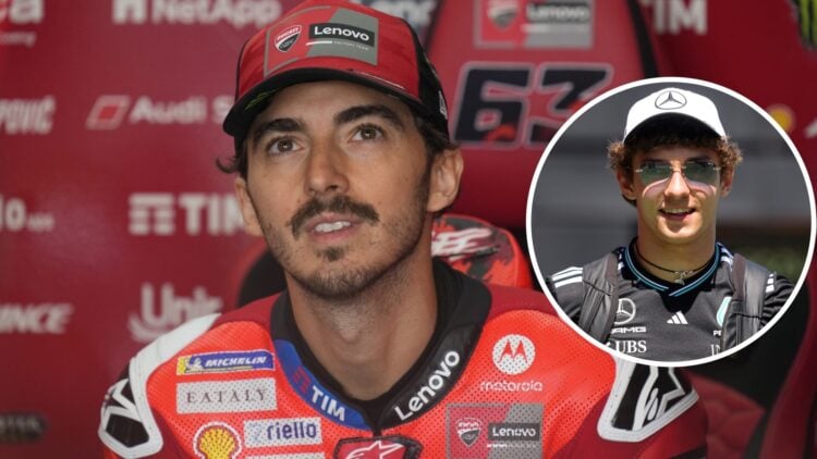 Image of Ducati MotoGP rider Francesco Bagnaia in the garage with an inset of Formula 1 driver Kimi Antonelli
