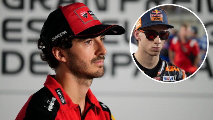 Francesco Bagnaia speaking to the media at the 2025 Spanish Grand Prix, inset Pedro Acosta