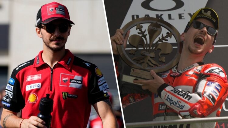 Ducati rider Francesco Bagnaia before the 2025 MotoGP Aragon Grand Prix and Jorge Lorenzo celebrates winning the 2018 Italian Grand Prix