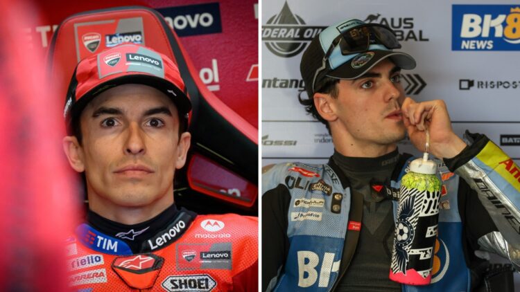 Split image of Ducati rider Marc Marquez (L) and Gresini rider Fermin Aldeguer (R)