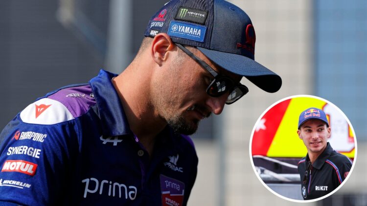 Image of Pramac rider Jack Miller bowing his head in the MotoGP paddock with an inset of Toprak Razgatlioglu