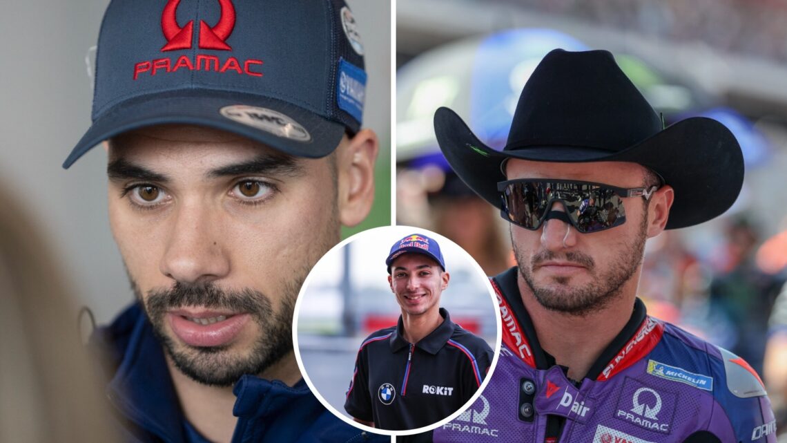 Split image of Pramac Yamaha riders Miguel Oliveira (L) and Jack Miller (R), inset Toprak Razgatlioglu