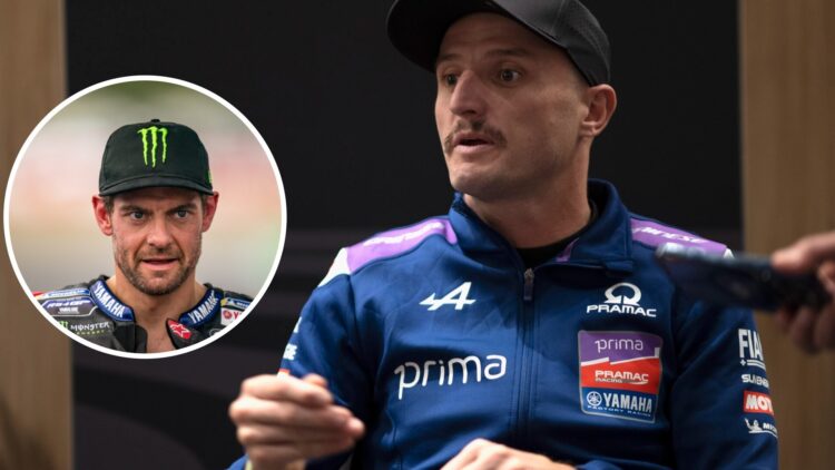 Jack Miller of Pramac speaks in an interview; inset shows Yamaha test rider Cal Crutchlow