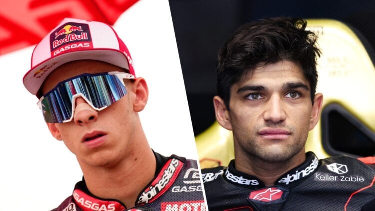Pedro Acosta of KTM on the MotoGP grid (L) and Jorge Martin of Aprilia in the garage (R)