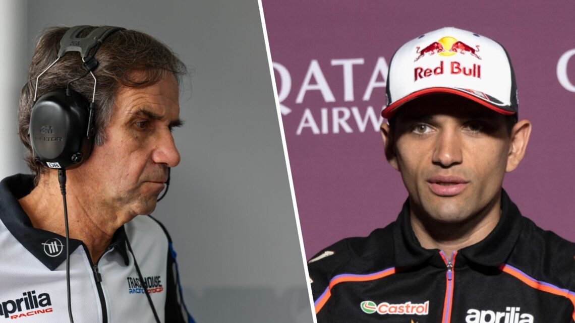Trackhouse Racing team principal Davide Brivio at the 2024 MotoGP Malaysian Grand Prix and Aprilia rider Jorge Martin in a 2025 Qatar Grand Prix pr...