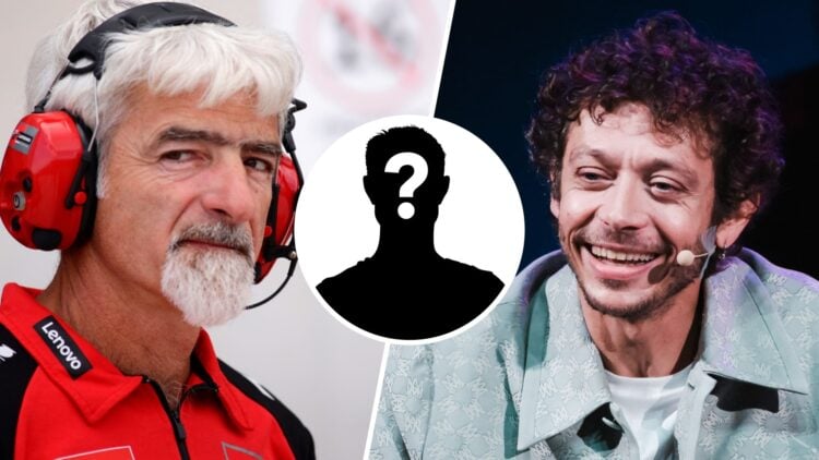 Ducati general manager Luigi Dall'Igna in the garage at the 2024 MotoGP Aragon Grand Prix and Valentino Rossi records a podcast with a mystery pers...
