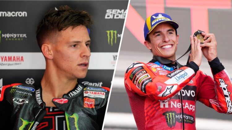 Fabio Quartararo of Yamaha sits in the garage (L); Marc Marquez of Ducati celebrates on the MotoGP podium (R)