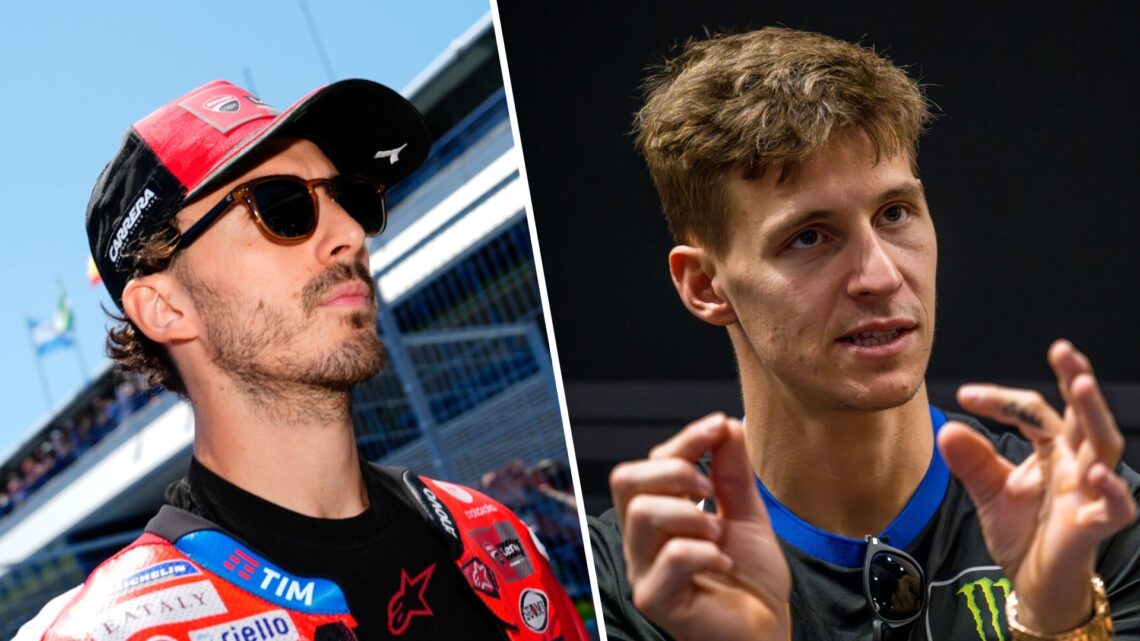 Ducati rider Francesco Bagnaia on the grid before the 2025 MotoGP Spanish Grand Prix at Jerez and Yamaha rider Fabio Quartararo speaks to the media...