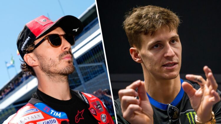 Ducati rider Francesco Bagnaia on the grid before the 2025 MotoGP Spanish Grand Prix at Jerez and Yamaha rider Fabio Quartararo speaks to the media...