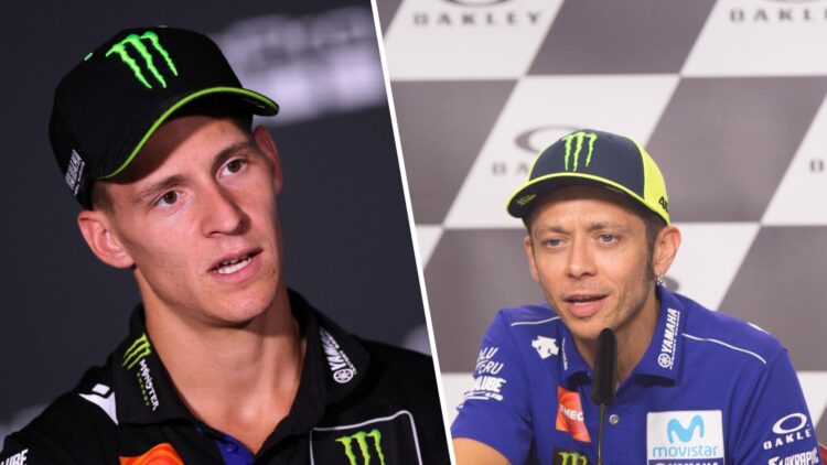 Split image of Fabio Quartararo (L) at the 2025 Aragon Grand Prix and Valentino Rossi (R)