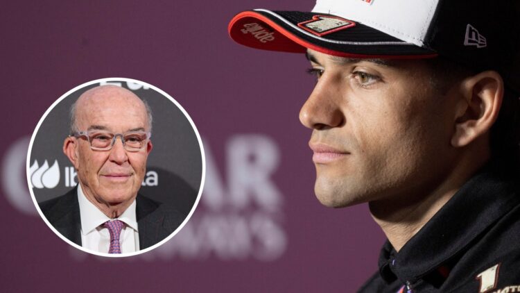 Aprilia rider Jorge Martin speaks to the press at the 2025 MotoGP Qatar Grand Prix with an inset of Dorna CEO Carmelo Ezpeleta