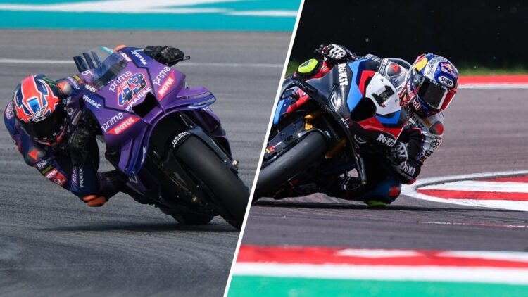 Jack Miller rides the Pramac MotoGP bike (L); Toprak Razgatlioglu rides the BMW WSBK challenger (R)