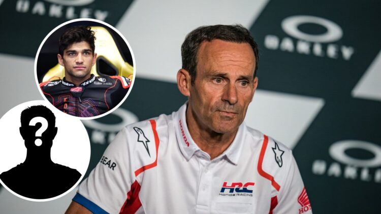 Alberto Puig of Honda in a press conference; insets of Jorge Martin of Aprilia and a mystery figure