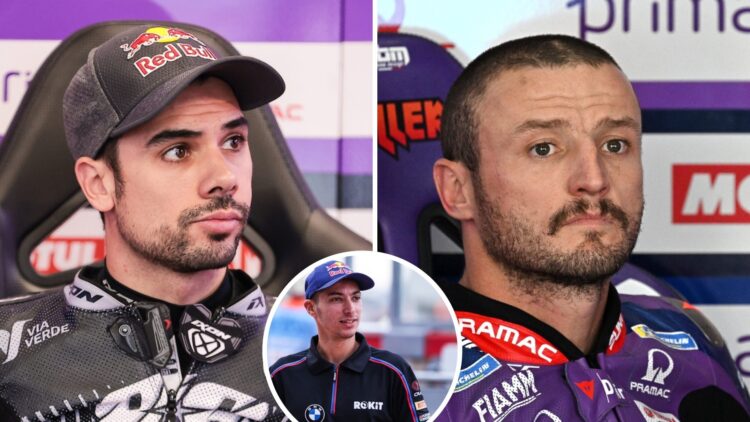 Split image of Miguel Oliveira and Jack Miller sitting in Pramac's MotoGP garage with an inset of Toprak Razgatlioglu