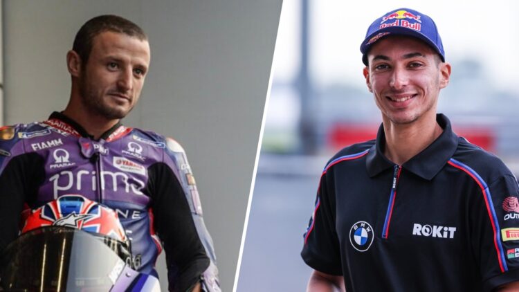 Jack Miller of Pramac Yamaha at the 2025 MotoGP season-launch event and BMW World Superbikes rider Toprak Razgatlioglu in Cremona