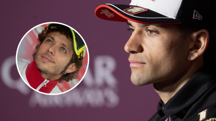 Jorge Martin of Aprilia in a MotoGP press conference; inset of Valentino Rossi during his Ducati days