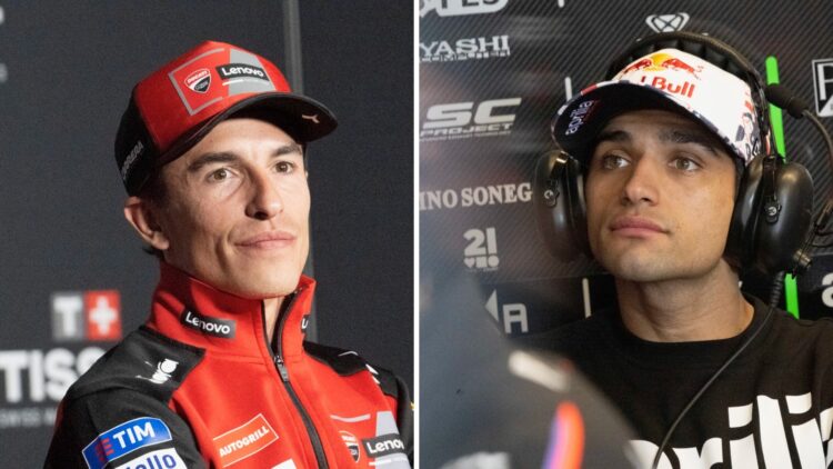Split image of Ducati rider Marc Marquez (L) at the 2025 British Grand Prix and Jorge Martin (R)