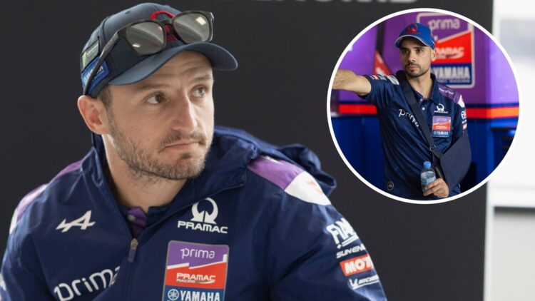 Pramac Yamaha rider Jack Miller speaks to the media at Silverstone after practice for the 2025 MotoGP British Grand Prix with an inset of Miguel Ol...