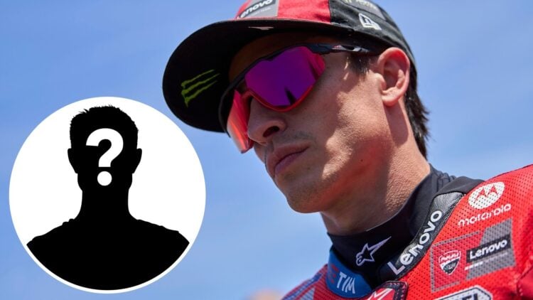 Ducati rider Marc Marquez at the 2025 Aragon Grand Prix, inset Mystery rider