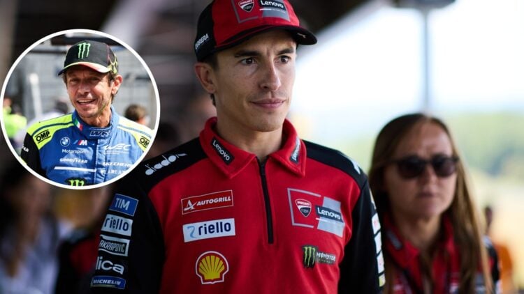 Marc Marquez of Ducati in the MotoGP paddock; inset of Valentino Rossi